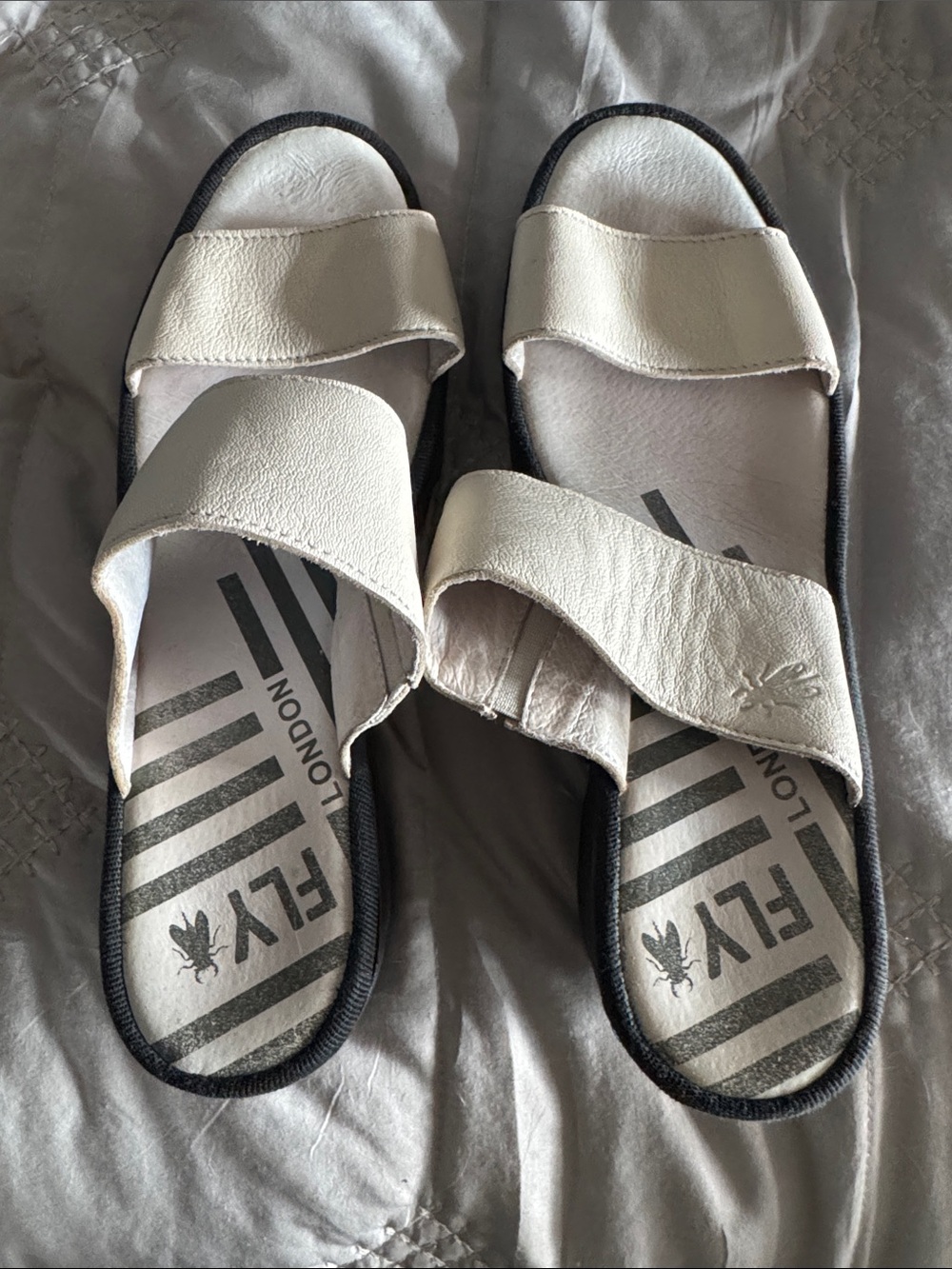 Fly London Off-White Leather Double-Strap Slide Sandals